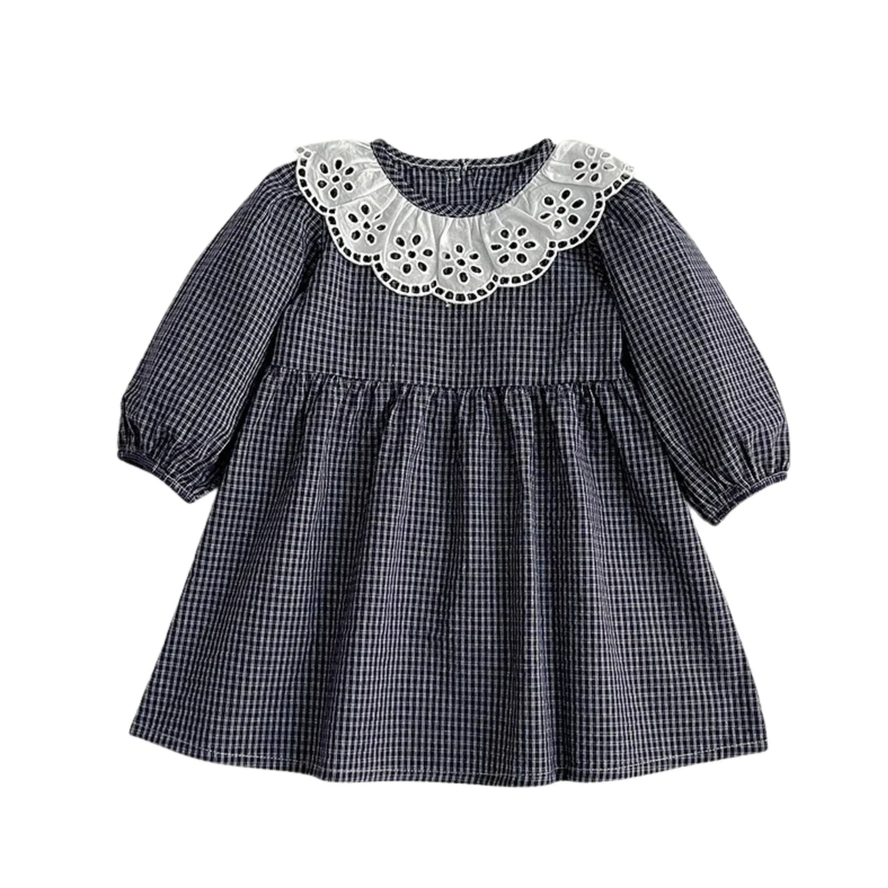 Children's grey dress with a checkered pattern and white lace collar on a white background