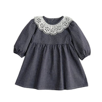 Thumbnail for Children's grey dress with a checkered pattern and white lace collar on a white background