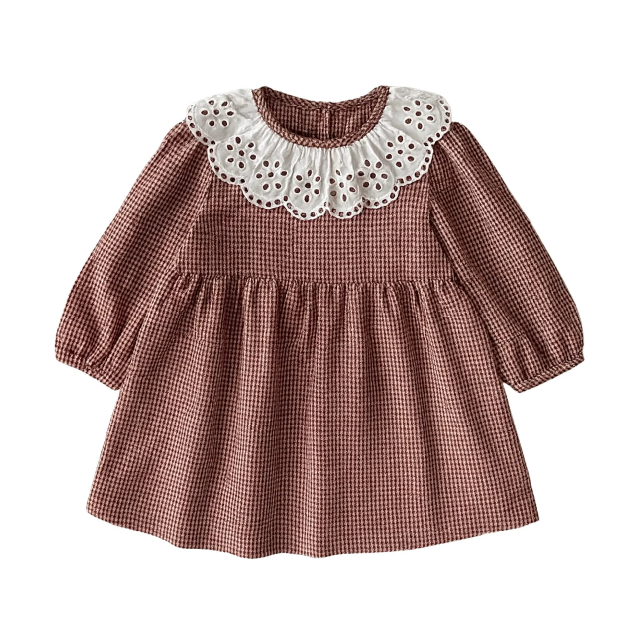 Brown checkered dress with white lace collar on a white background