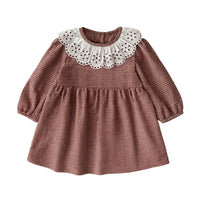 Thumbnail for Brown checkered dress with white lace collar on a white background