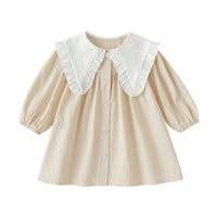 Thumbnail for Beige dress with white ruffled collar on a white background