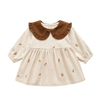 Thumbnail for Beige dress with brown collar and floral embroidery on a white background