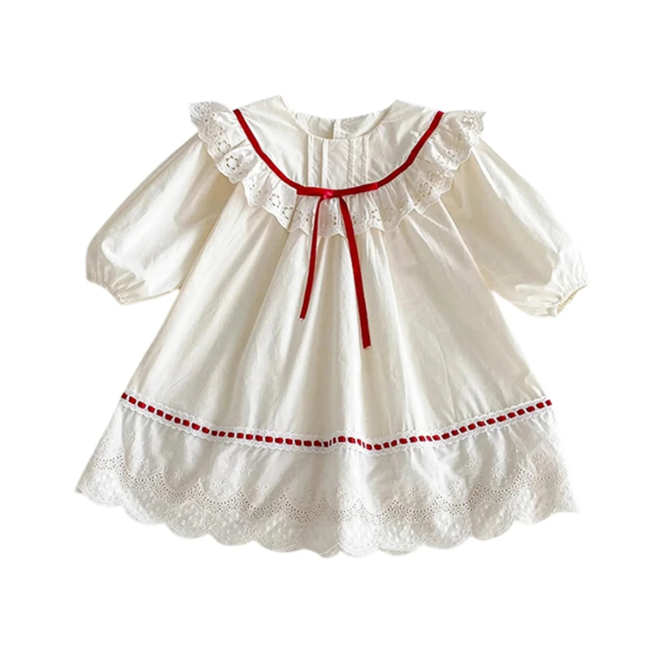 White long sleeve dress with red trim on a white background