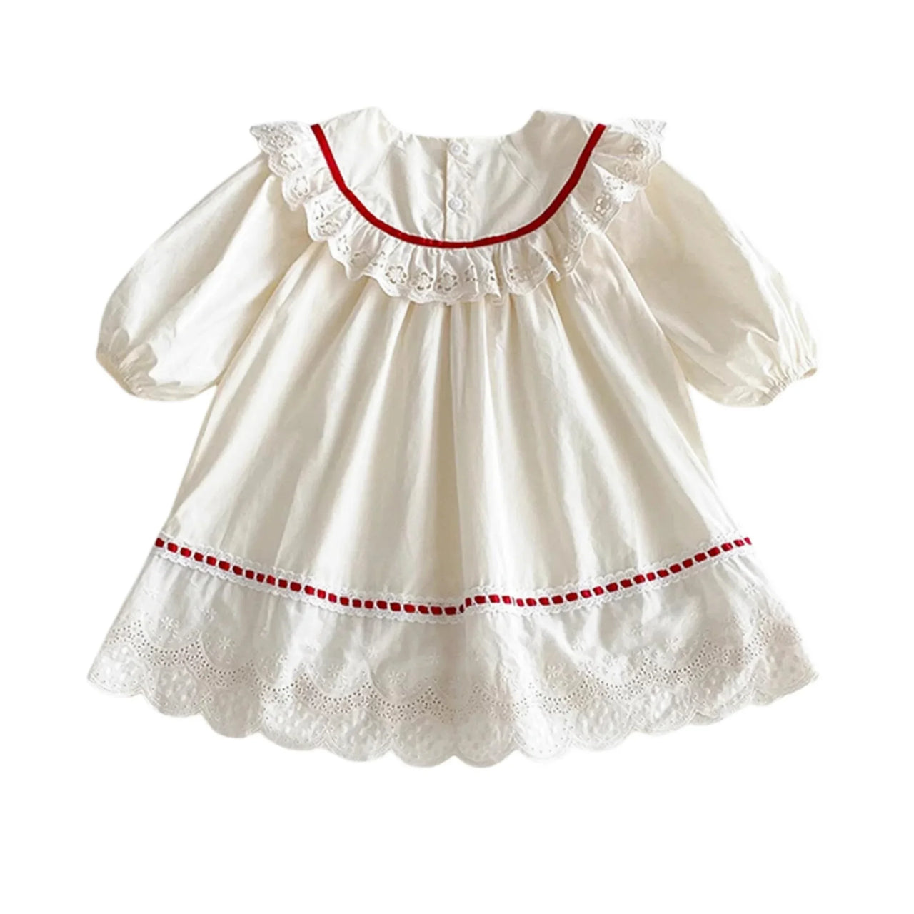 White dress with red trim on a white background