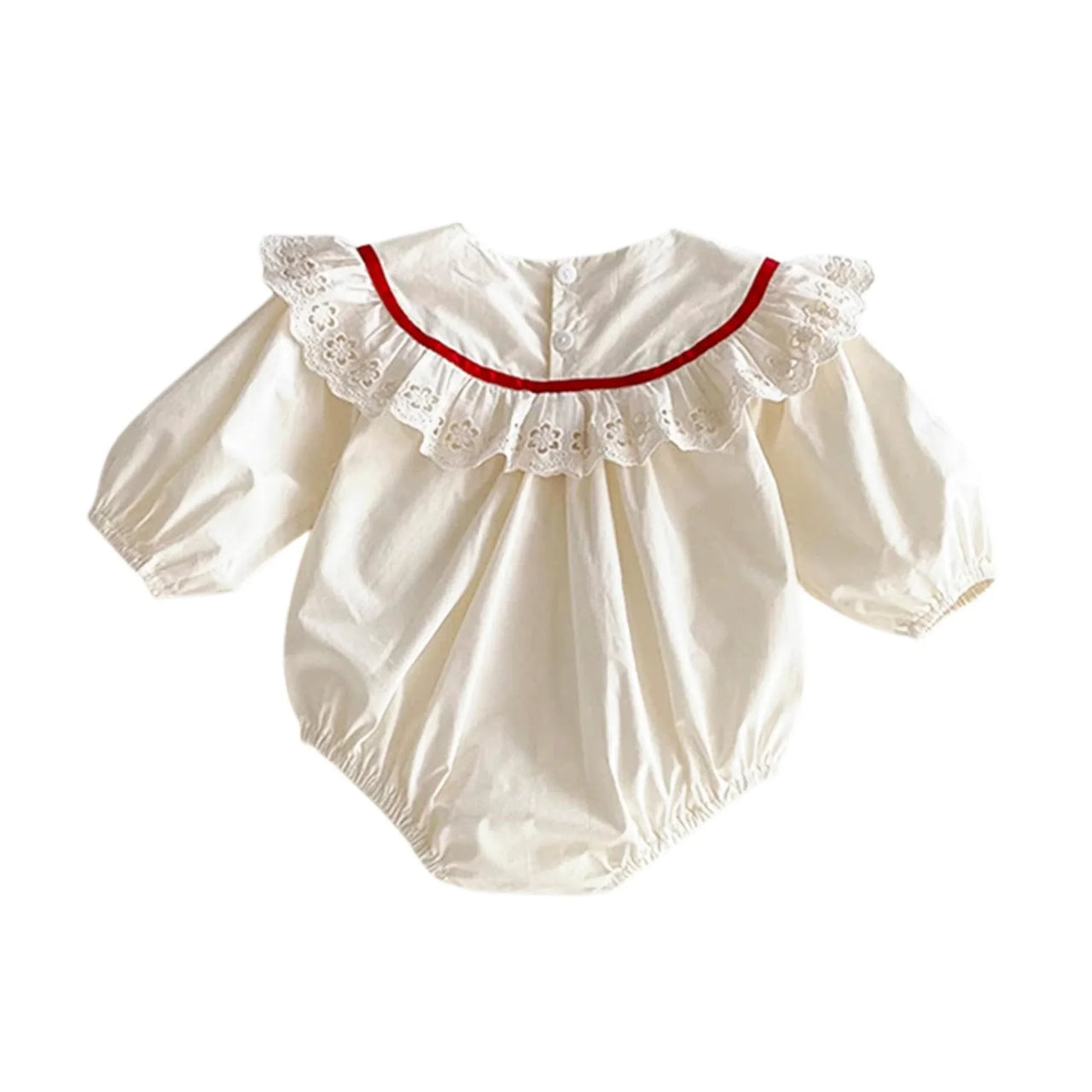 White baby romper with lace collar and red trim on a white background