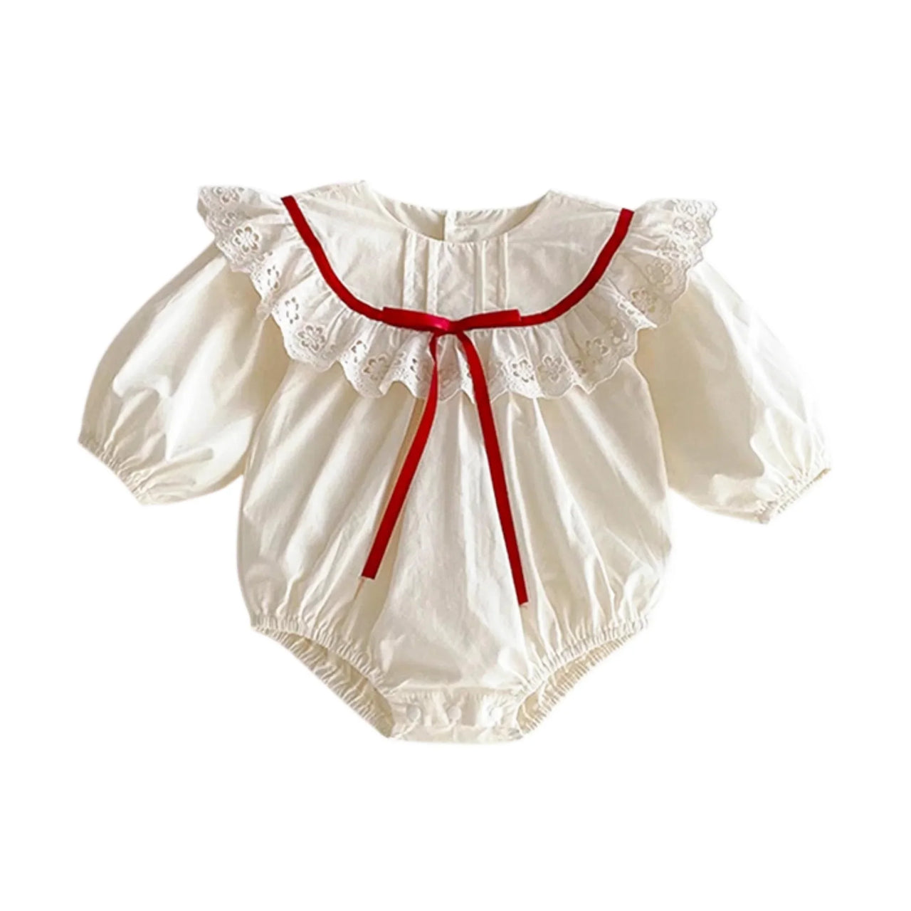 White baby romper with red trim on a white background