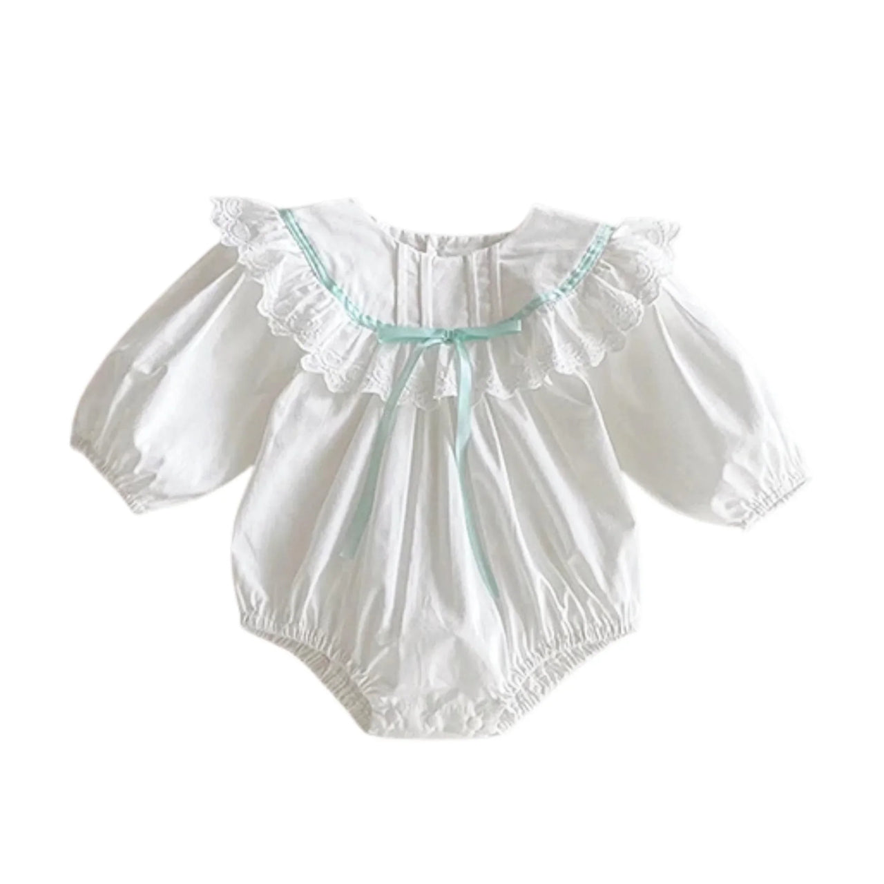 White baby romper with ruffled collar on a white background