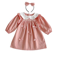 Thumbnail for Pink dress with white collar and bow details, accompanied by a matching headband on a white background.