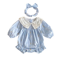 Thumbnail for Baby romper with lace collar and matching headband on a white background
