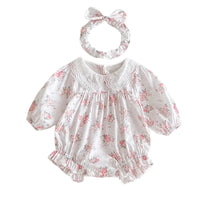 Thumbnail for Baby romper with floral pattern and matching headband on a white background