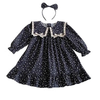 Thumbnail for Navy floral dress with white collar and matching headband on a white background