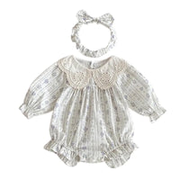 Thumbnail for Baby romper with lace collar and matching headband on a white background