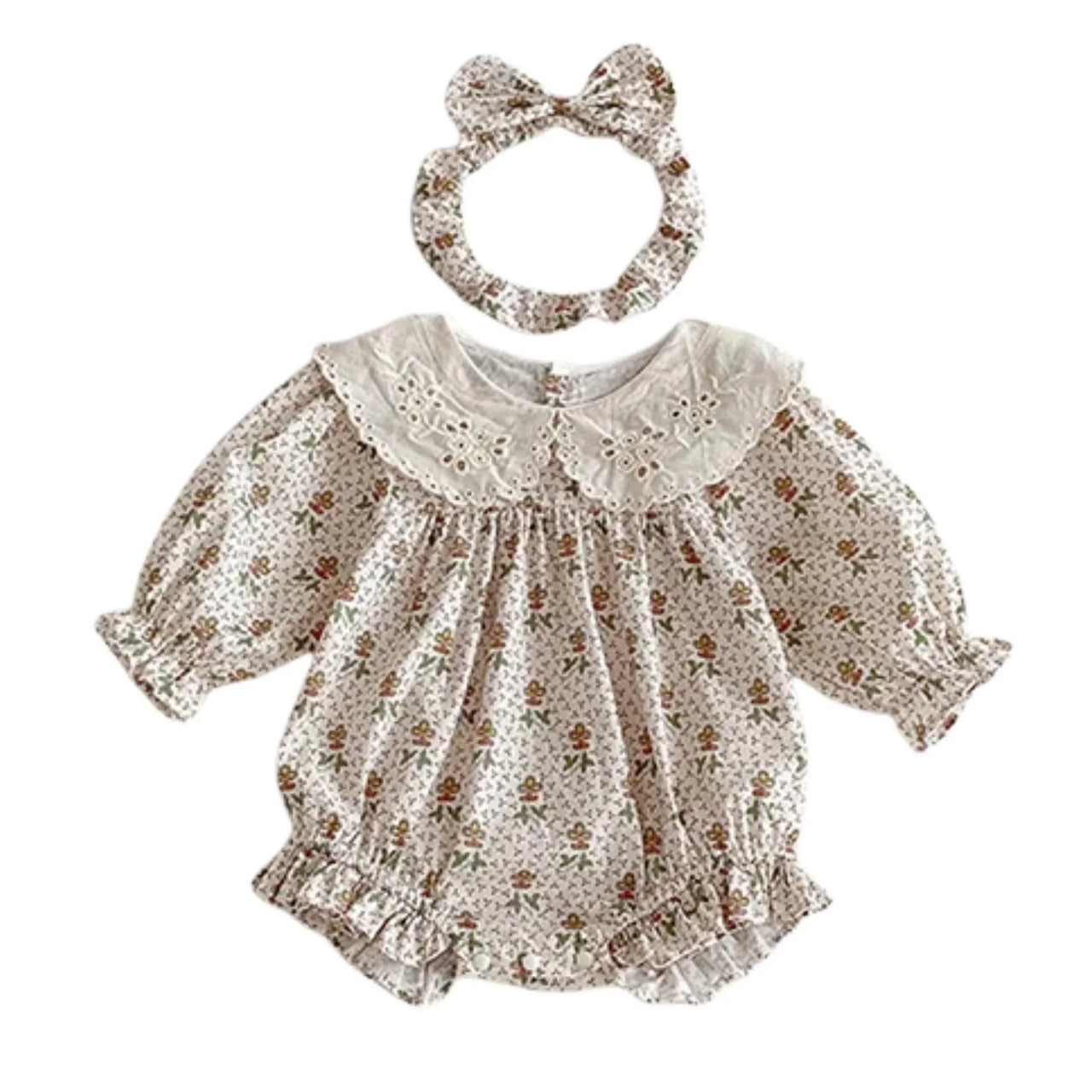 Baby romper with floral pattern and matching headband on a white background