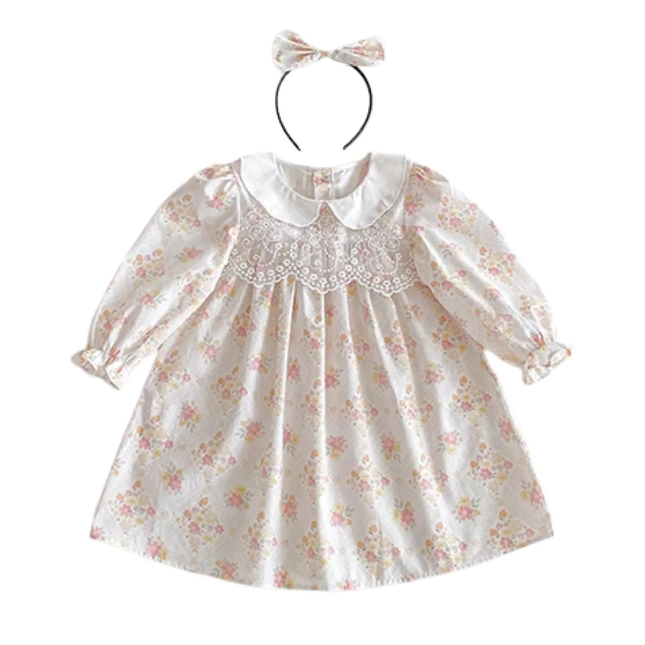 Floral dress with a white collar and matching headband on a white background