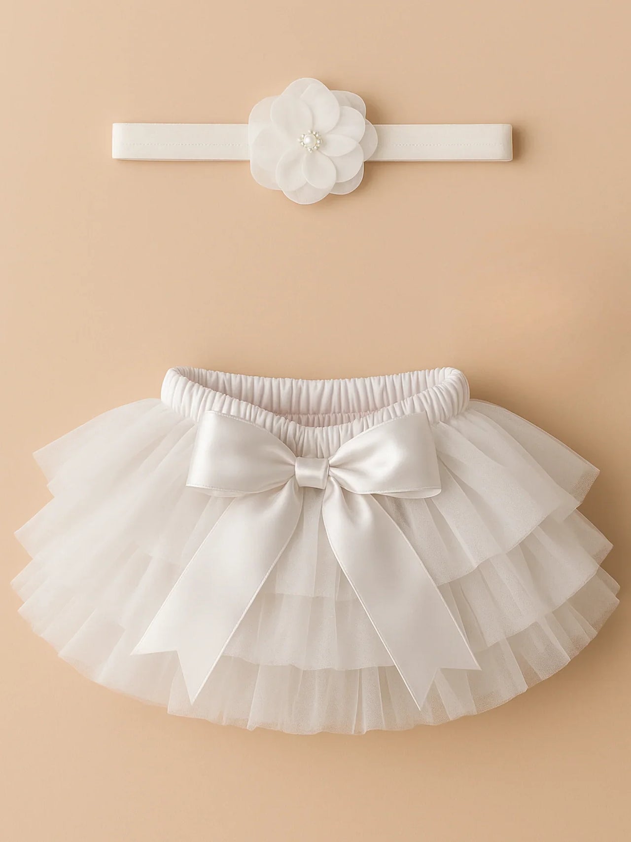 White tutu skirt with bow and matching headband on a beige background