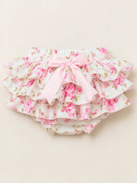 Thumbnail for Floral baby bloomers with ruffles on a beige background