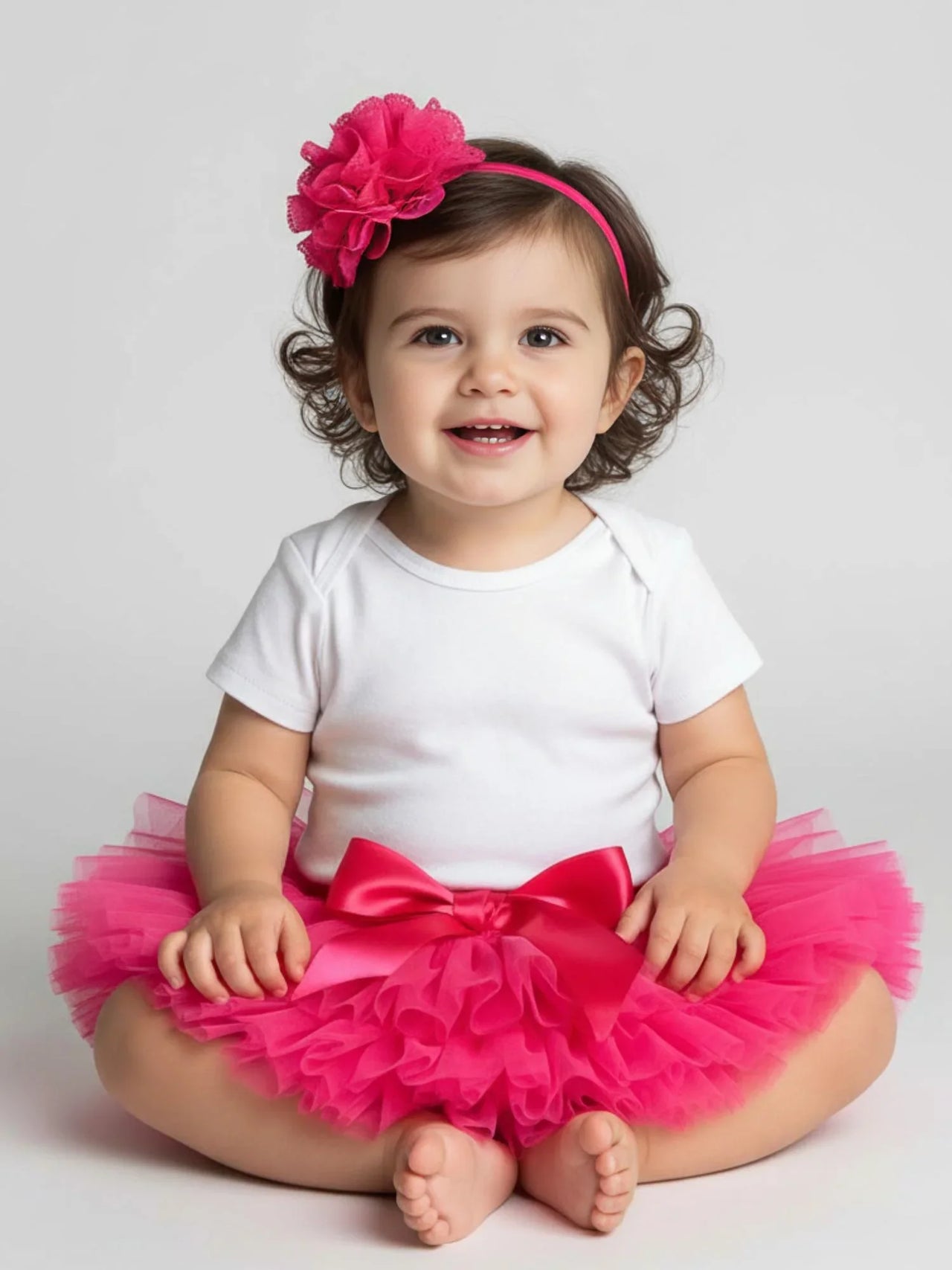 Baby wearing a white onesie with a pink tutu and headband on a light gray background