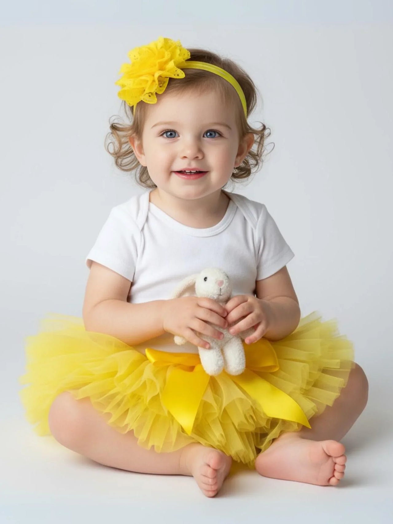 Child wearing a yellow tutu and headband, holding a white stuffed animal on a light gray background