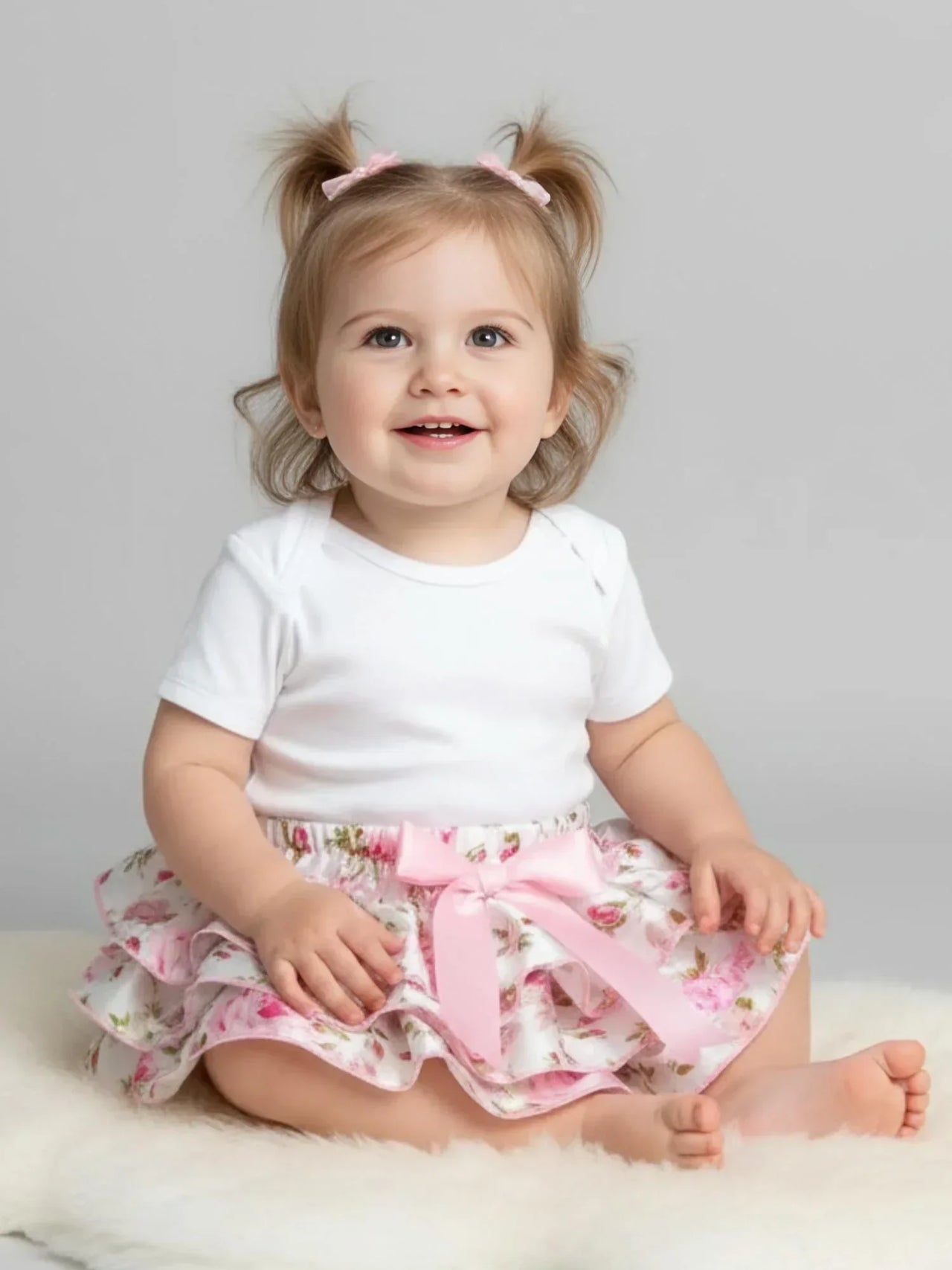 Child wearing a white shirt and floral bloomer with a pink bow, sitting on a white surface against a gray background.