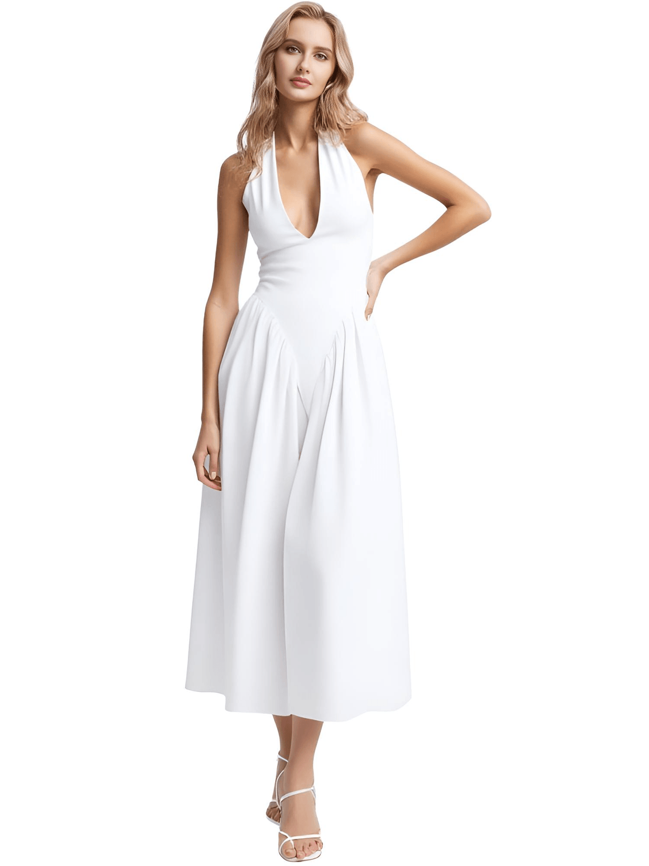 Backless Deep-V Long Dress Summer Women's Sexy Party Dress Halter Spliced New Fashion Slim Sleeveless Long Dress, dresses, midi dresses, Drestiny, Sleeveless, S, M, L, XL, United States, USA, Canada, Australia, New Zealand, United Kingdom, UK, backless midi dress, deep v neck long dress, backless semiformal dress, long white backless dress, plunge back midi dress, White, Black, Red, Yellow, Blue, Pink, Claret, Light Blue, Dark Blue, Apricot, Purple, Green, dark red, shopdrestiny.com