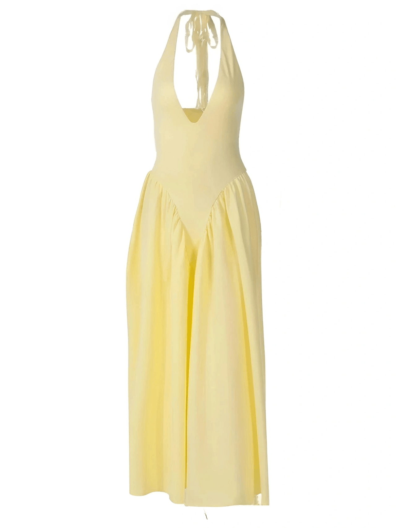 Yellow halter neck dress on a white background