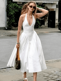 Thumbnail for Backless Deep-V Long Dress Summer Women's Sexy Party Dress Halter Spliced New Fashion Slim Sleeveless Long Dress, dresses, midi dresses, Drestiny, Sleeveless, S, M, L, XL, United States, USA, Canada, Australia, New Zealand, United Kingdom, UK, backless midi dress, deep v neck long dress, backless semiformal dress, long white backless dress, plunge back midi dress, White, Black, Red, Yellow, Blue, Pink, Claret, Light Blue, Dark Blue, Apricot, Purple, Green, dark red, shopdrestiny.com