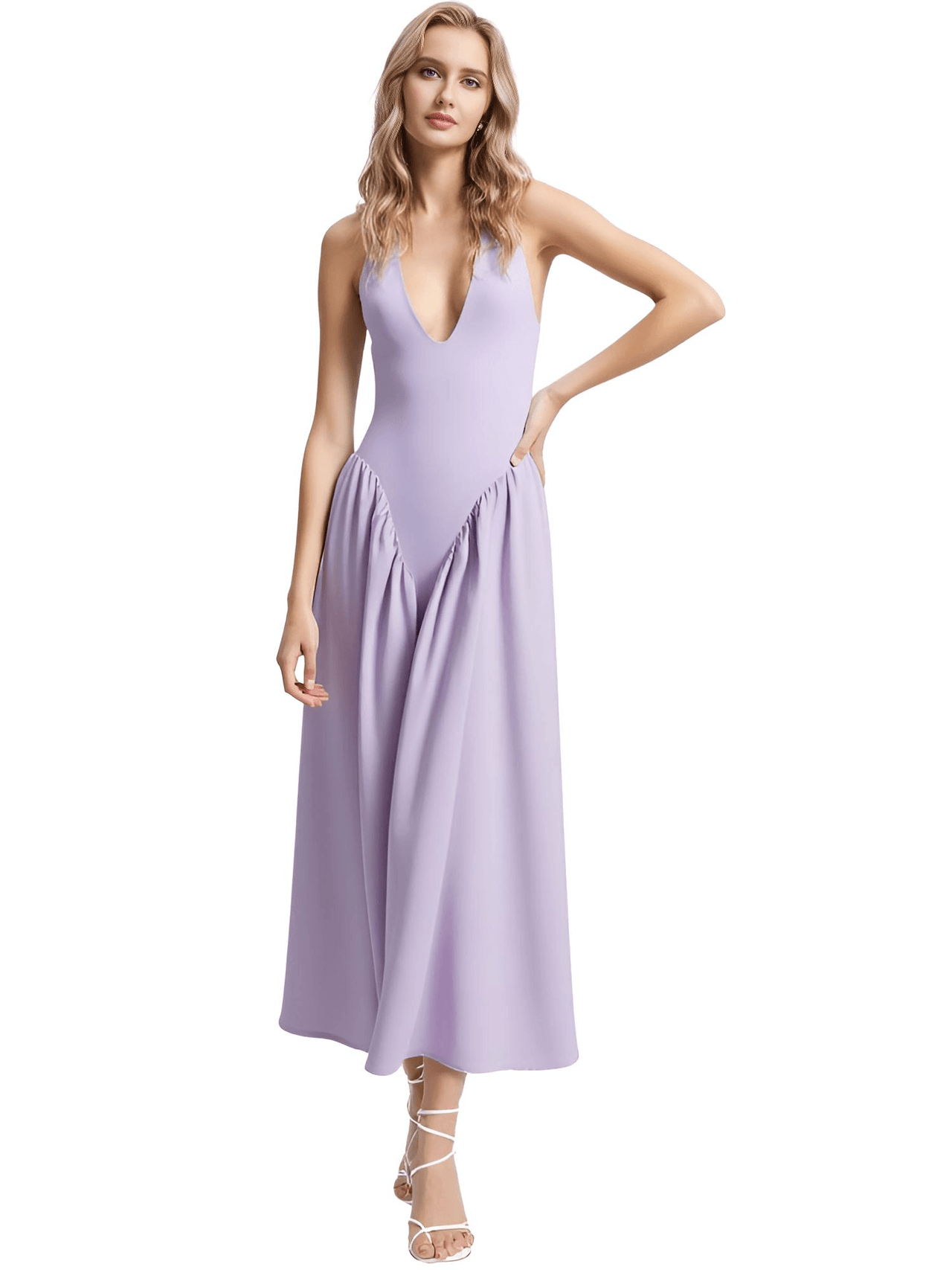 Backless Deep-V Long Dress Summer Women's Sexy Party Dress Halter Spliced New Fashion Slim Sleeveless Long Dress, dresses, midi dresses, Drestiny, Sleeveless, S, M, L, XL, United States, USA, Canada, Australia, New Zealand, United Kingdom, UK, backless midi dress, deep v neck long dress, backless semiformal dress, long purple backless dress, plunge back midi dress, White, Black, Red, Yellow, Blue, Pink, Claret, Light Blue, Dark Blue, Apricot, Purple, Green, dark red, shopdrestiny.com