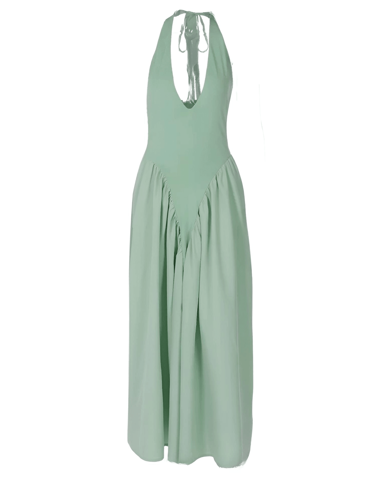 Green halter neck dress on a white background