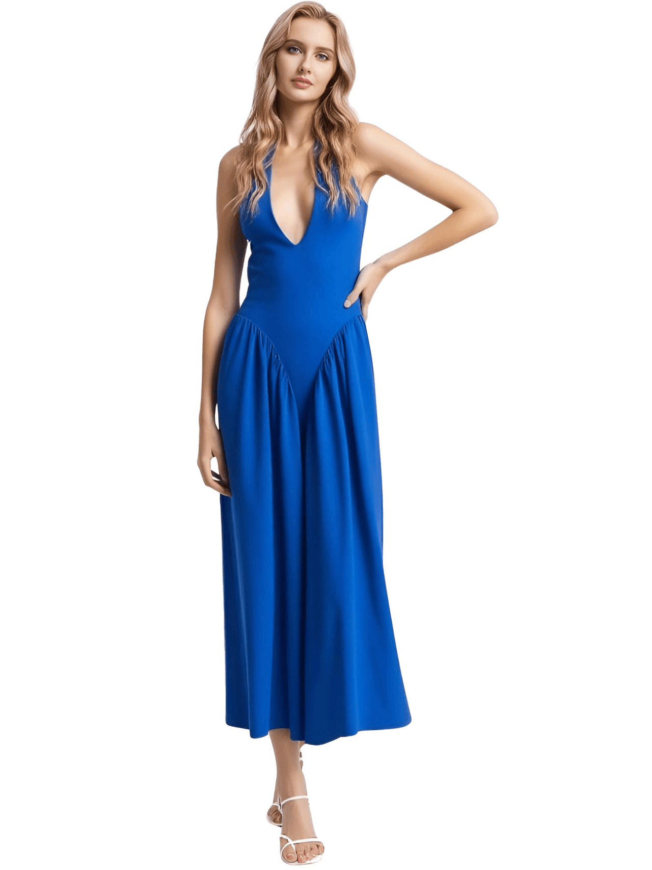 Woman wearing a blue dress on a white background