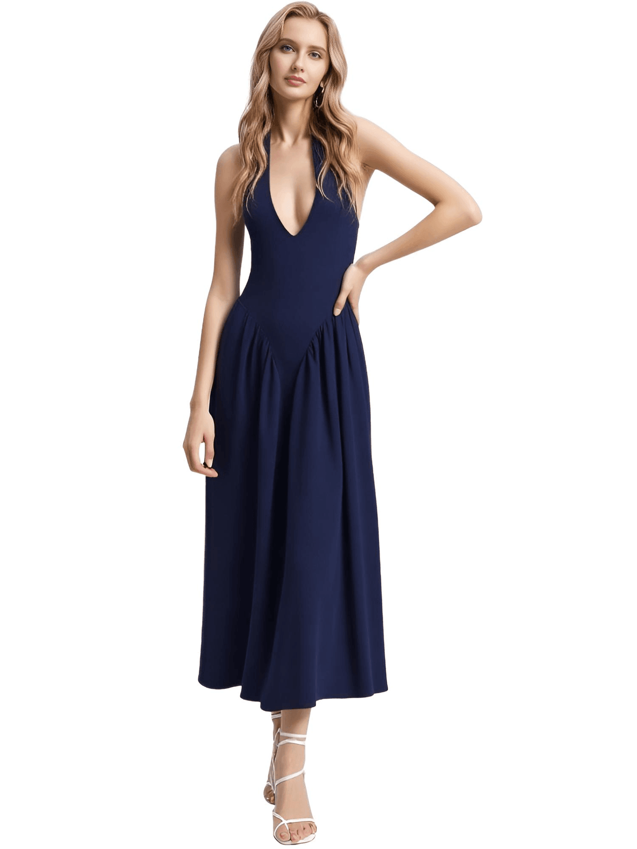 Backless Deep-V Long Dress Summer Women's Sexy Party Dress Halter Spliced New Fashion Slim Sleeveless Long Dress, dresses, midi dresses, Drestiny, Sleeveless, S, M, L, XL, United States, USA, Canada, Australia, New Zealand, United Kingdom, UK, backless midi dress, deep v neck long dress, backless semiformal dress, long navy backless dress, plunge back midi dress, White, Black, Red, Yellow, Blue, Pink, Claret, Light Blue, Dark Blue, Apricot, Purple, Green, dark red, shopdrestiny.com