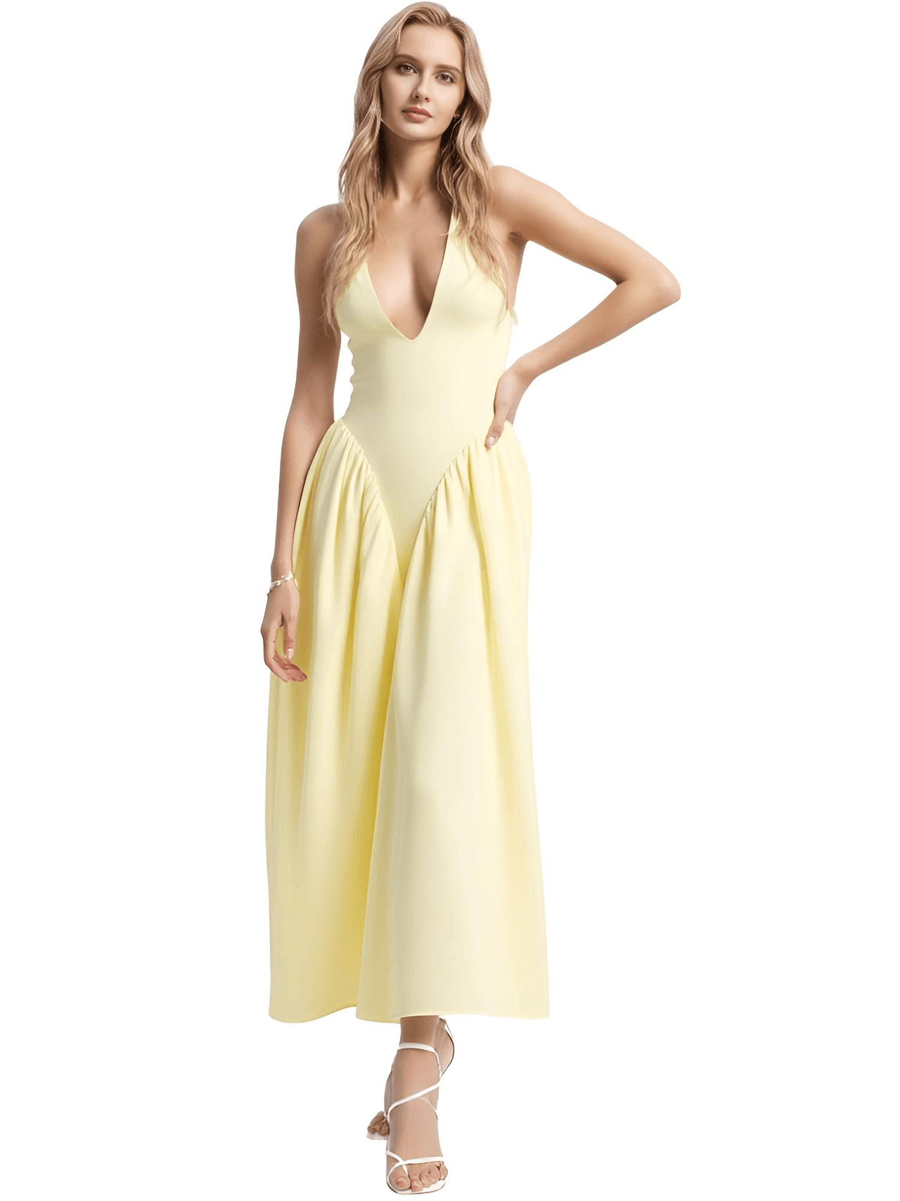 Backless Deep-V Long Dress Summer Women's Sexy Party Dress Halter Spliced New Fashion Slim Sleeveless Long Dress, dresses, midi dresses, Drestiny, Sleeveless, S, M, L, XL, United States, USA, Canada, Australia, New Zealand, United Kingdom, UK, backless midi dress, deep v neck long dress, backless semiformal dress, long yellow backless dress, plunge back midi dress, White, Black, Red, Yellow, Blue, Pink, Claret, Light Blue, Dark Blue, Apricot, Purple, Green, dark red, shopdrestiny.com