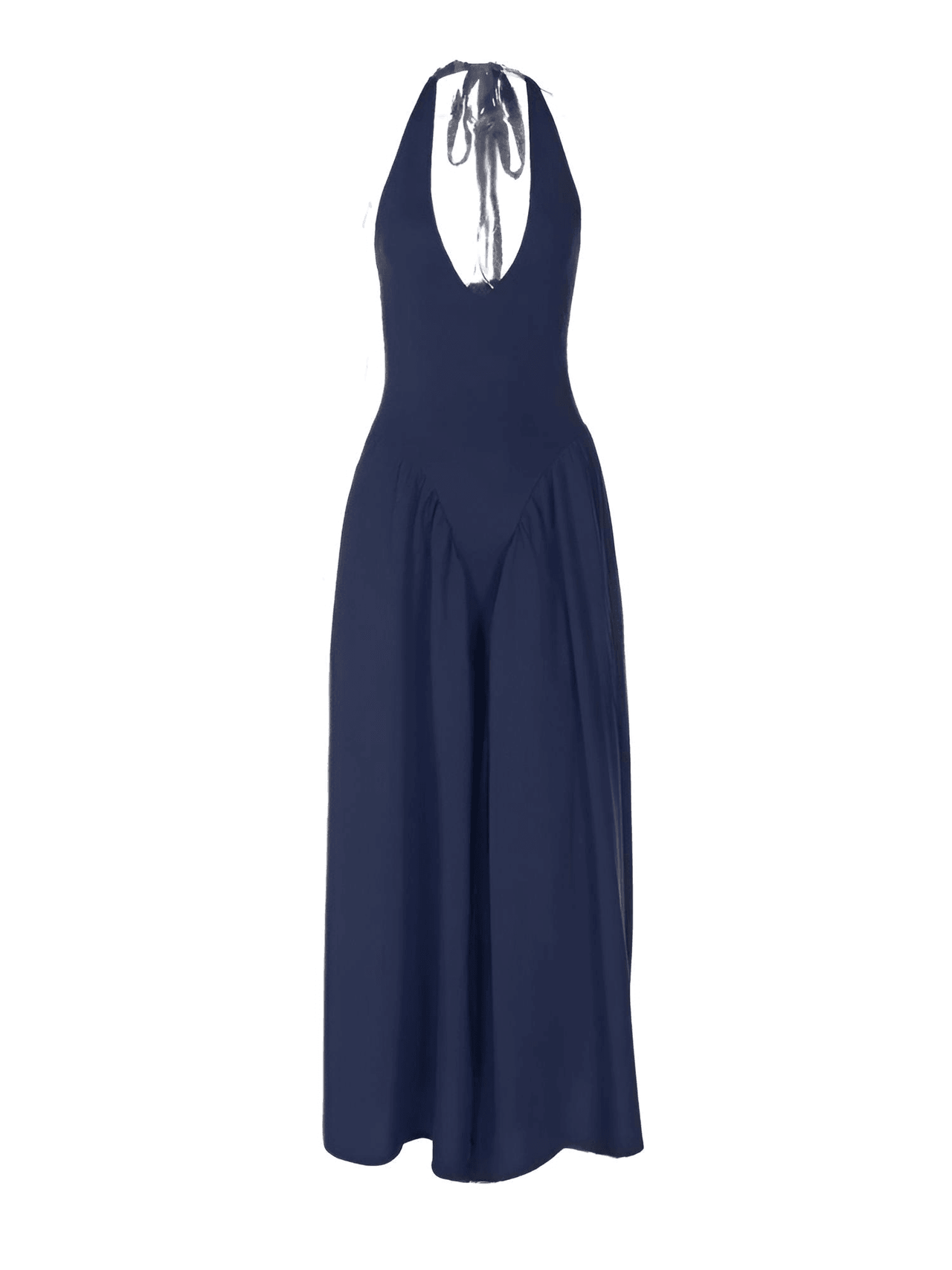 Navy blue halter neck dress on a white background