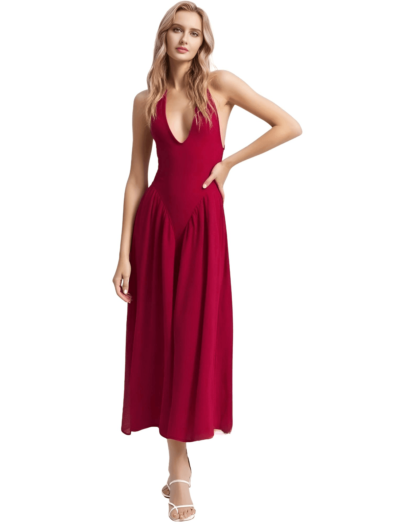 Woman wearing a red dress on a white background