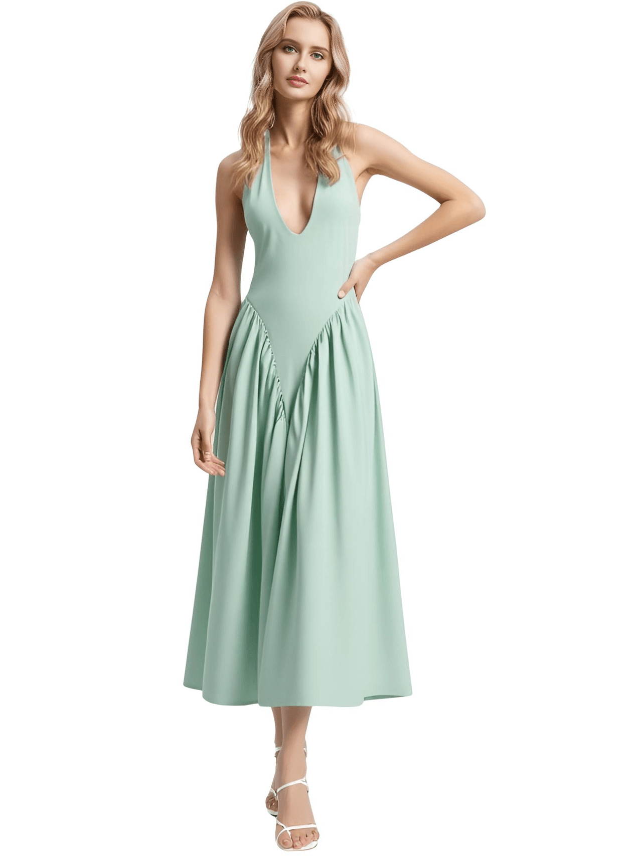 Backless Deep-V Long Dress Summer Women's Sexy Party Dress Halter Spliced New Fashion Slim Sleeveless Long Dress, dresses, midi dresses, Drestiny, Sleeveless, S, M, L, XL, United States, USA, Canada, Australia, New Zealand, United Kingdom, UK, backless midi dress, deep v neck long dress, backless semiformal dress, long green backless dress, plunge back midi dress, White, Black, Red, Yellow, Blue, Pink, Claret, Light Blue, Dark Blue, Apricot, Purple, Green, dark red, shopdrestiny.com