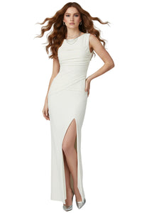 Thumbnail for Woman wearing a white evening gown with a slit on a white background