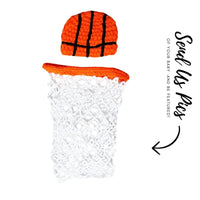 Thumbnail for Crocheted basketball hat and net on a white background with text inviting viewers to send photos of their babies.