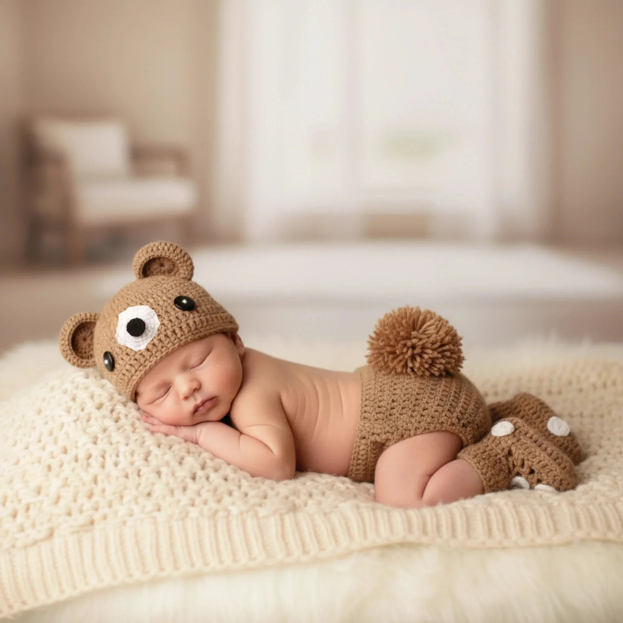 Newborn baby wearing a brown knitted bear outfit sleeping on a soft surface.