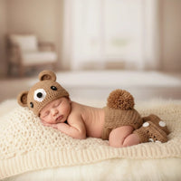 Thumbnail for Newborn baby wearing a brown knitted bear outfit sleeping on a soft surface.