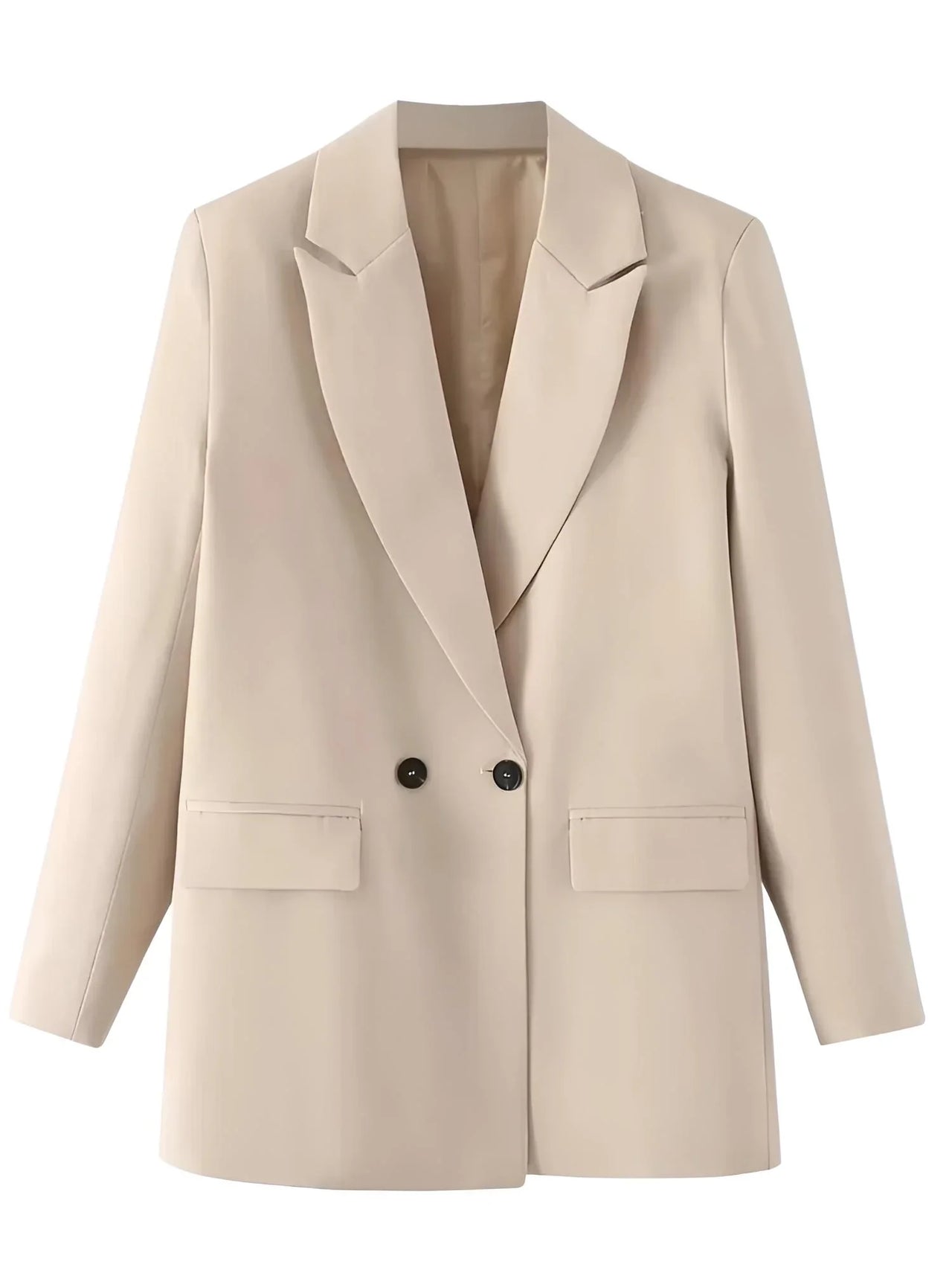 Beige blazer with black buttons on a white background