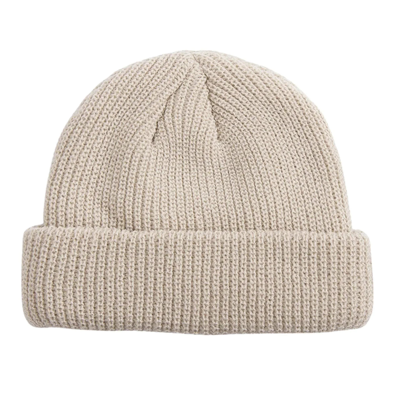 Beige knit beanie on a white background