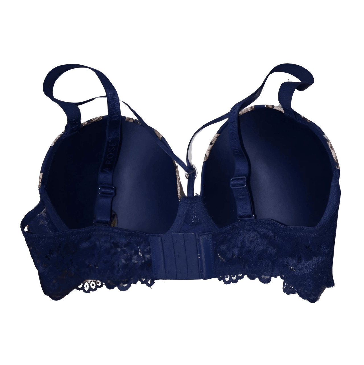 Navy blue bra with lace details on a white background