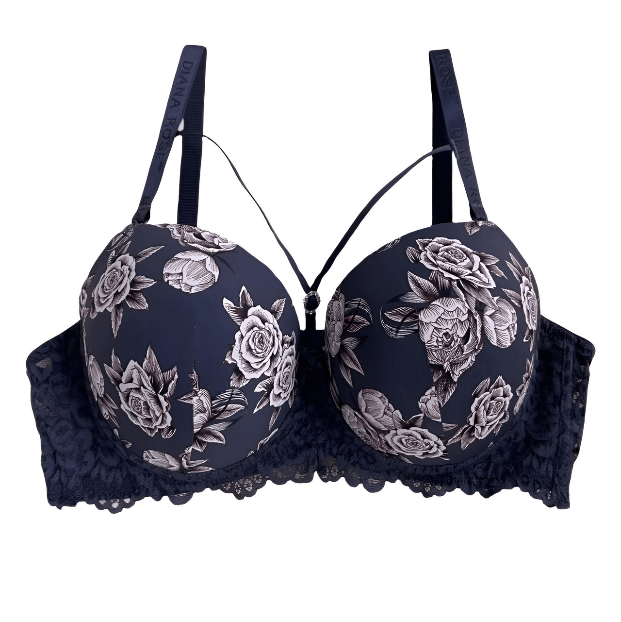 Navy blue bra with floral lace details on a white background