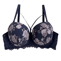 Thumbnail for Navy blue bra with floral lace details on a white background