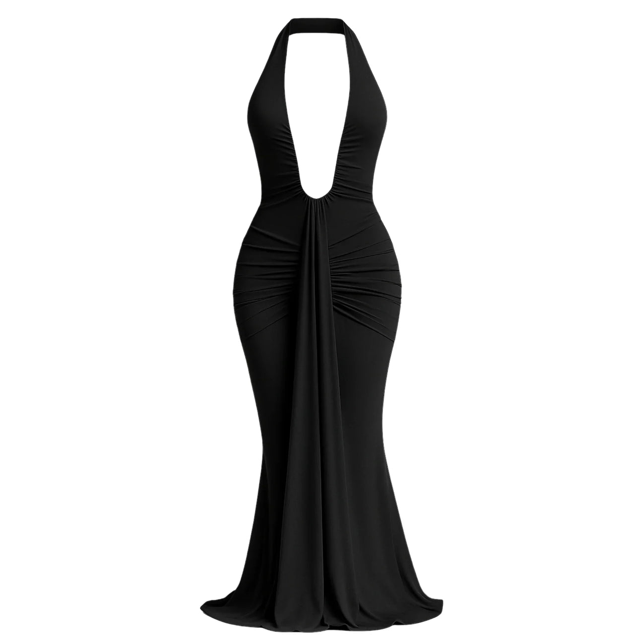 Black halter neck gown on a white background