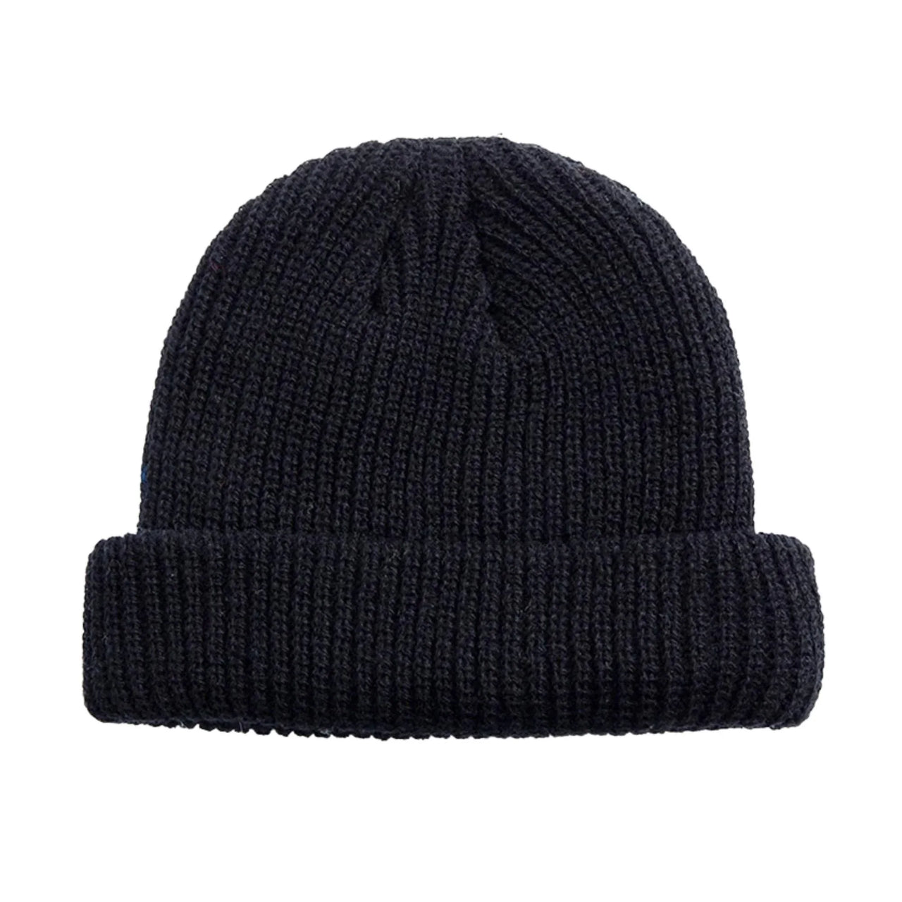Black knit beanie on a white background