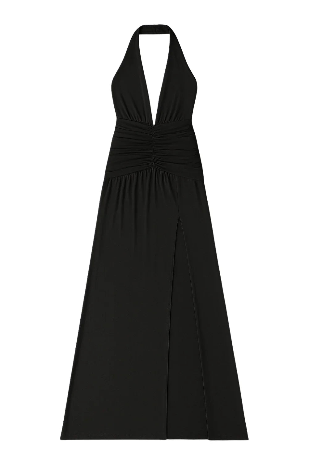 Black halter neck dress on a white background