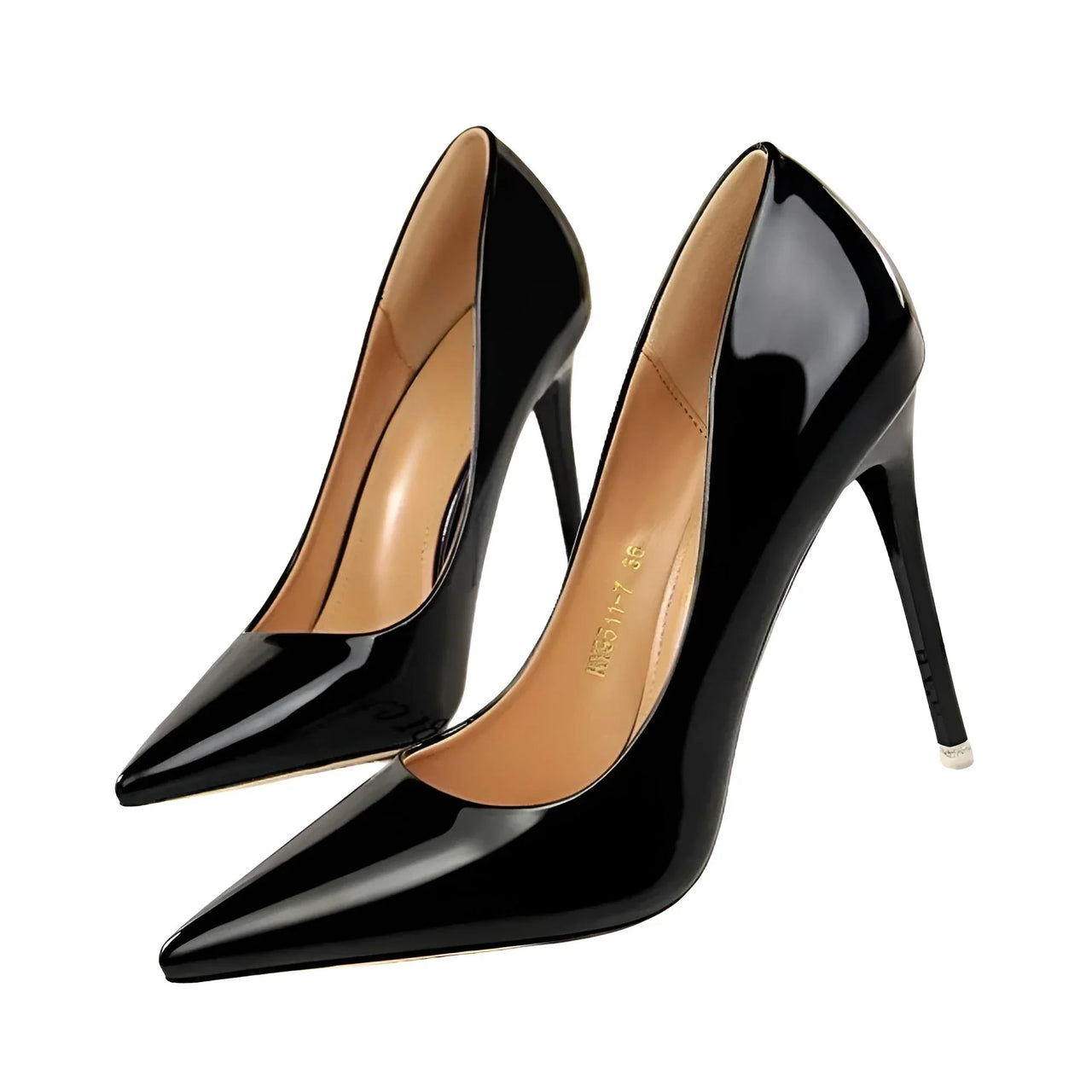 Black high-heeled pumps with a white background