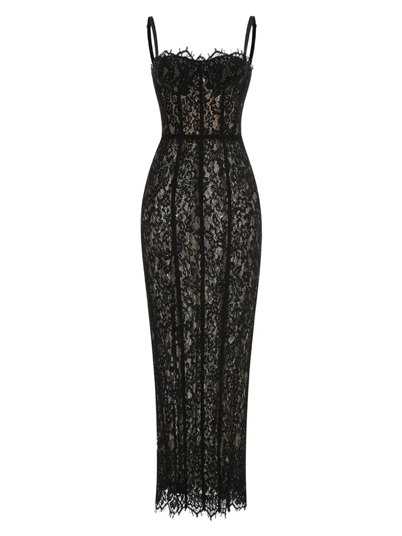 Black sheer lace bodycon dress on a white background