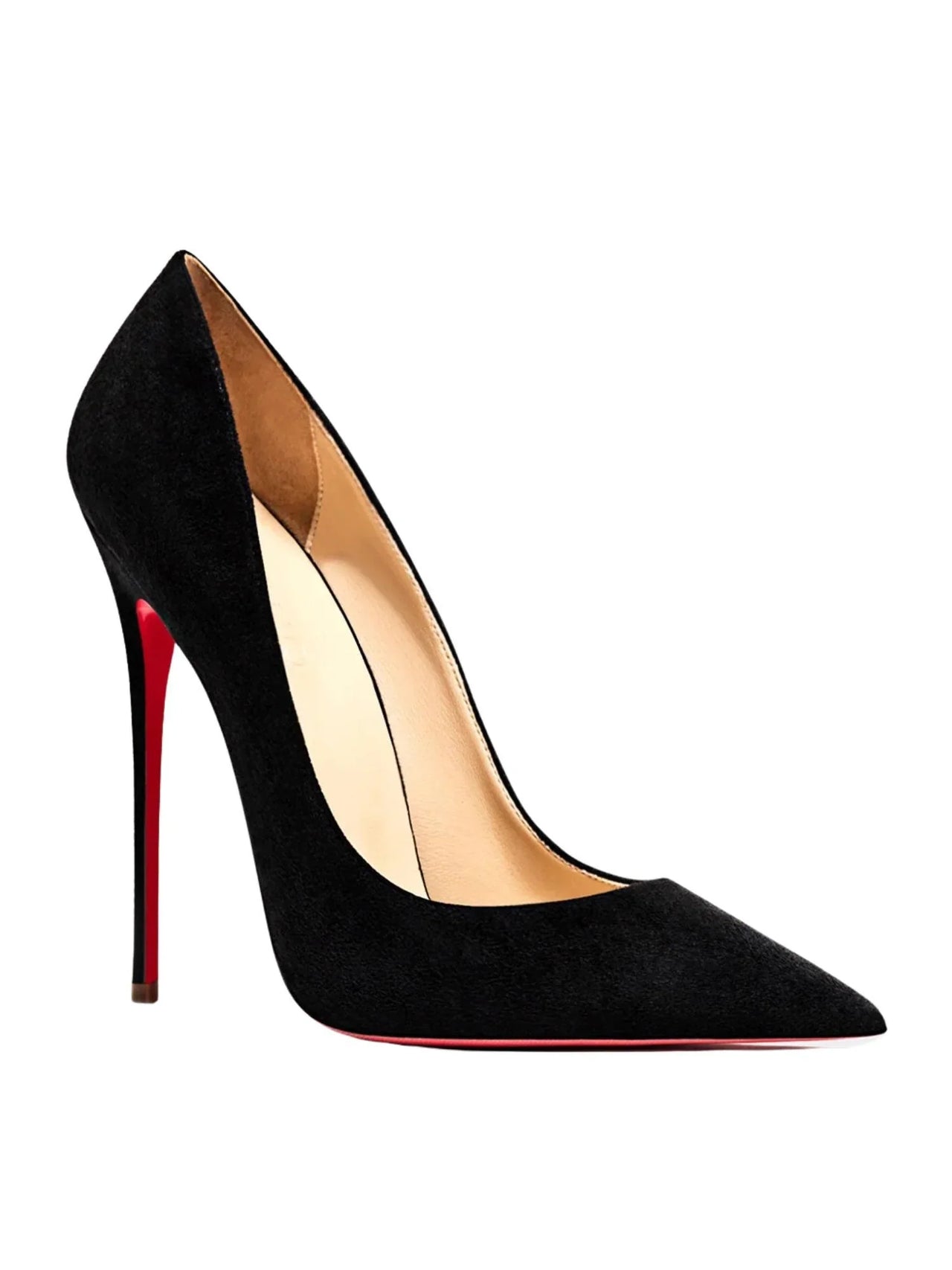 Black high-heeled shoe with red sole on a white background