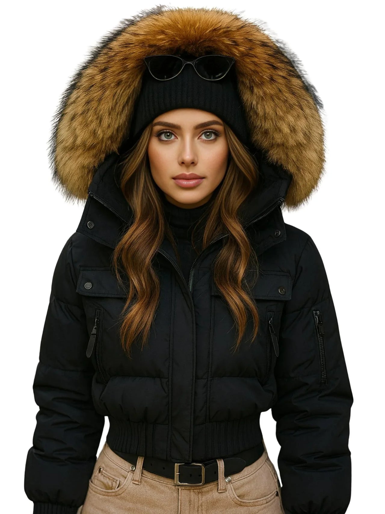 Woman wearing a black winter coat with a fur-lined hood on a white background